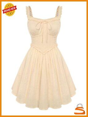Cotton Summer Corset Dress Adjustable Ruffle Strap Mini Sundress with Pockets